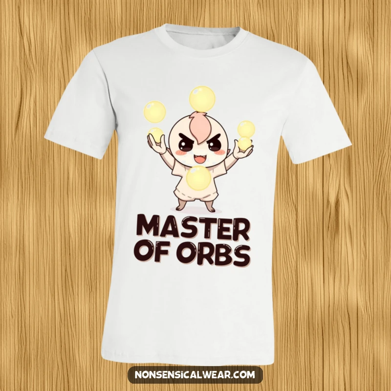 Funny t-shirt of a mischievous character juggling three luminous orbs with a sly smile, radiating playful energy and magical charm, a cool present.