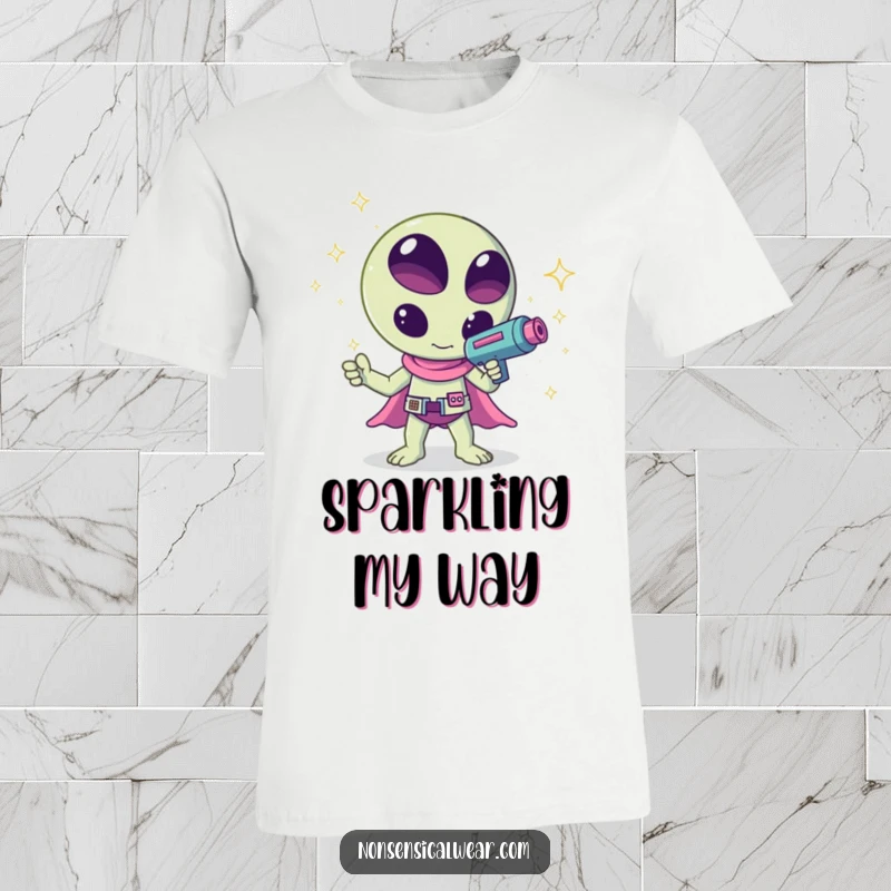 Funny kawaii alien waving a ray gun that emits sparkles, a humorous and creative design on this t-shirt, great for gifting.