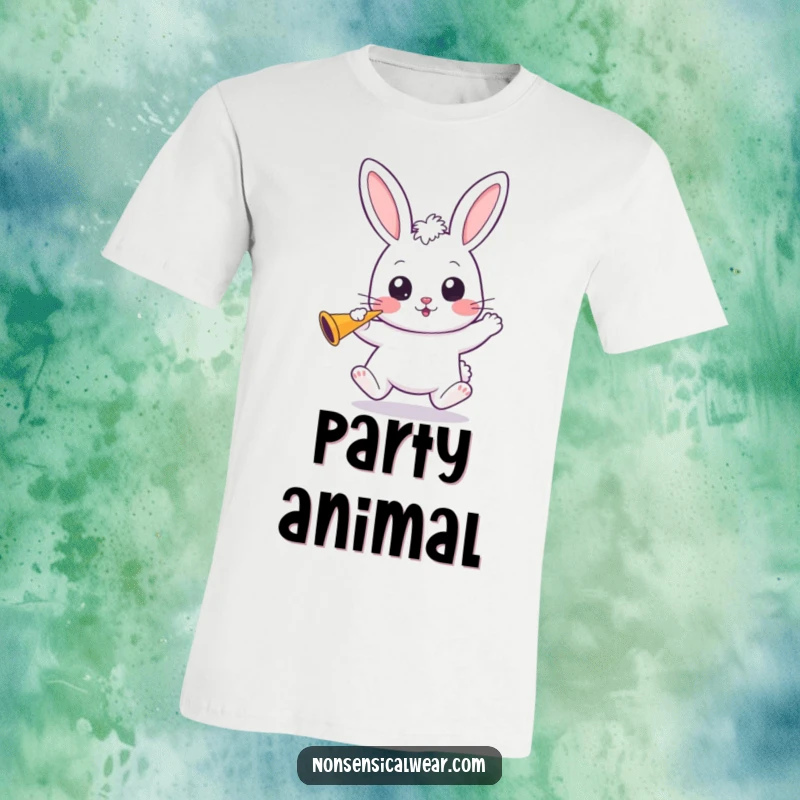 Funny Kawaii Bunny T-Shirt: An adorable kawaii bunny bounces excitedly, wide-eyed and holding a party horn.