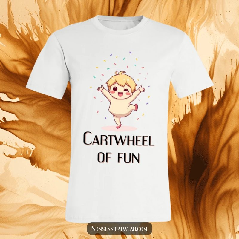 Funny T-Shirt: A cute kawaii character does a joyful cartwheel, scattering confetti everywhere.