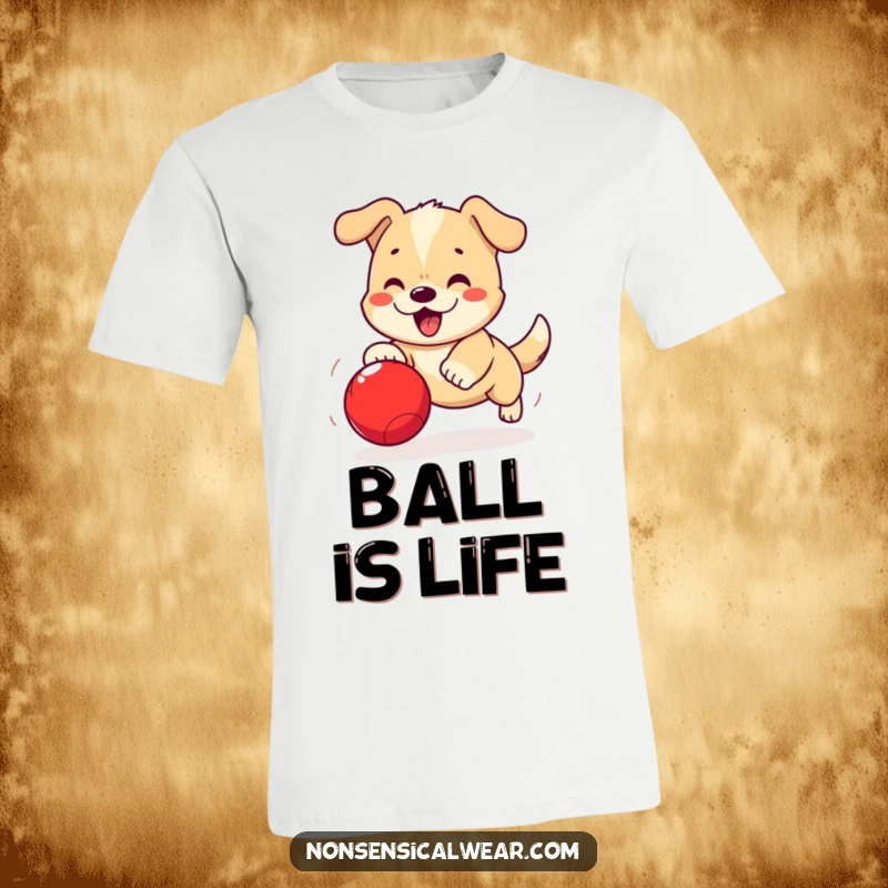 Funny Kawaii Dog T-Shirt: An adorable kawaii dog enthusiastically pursues a red ball, radiating playful excitement.