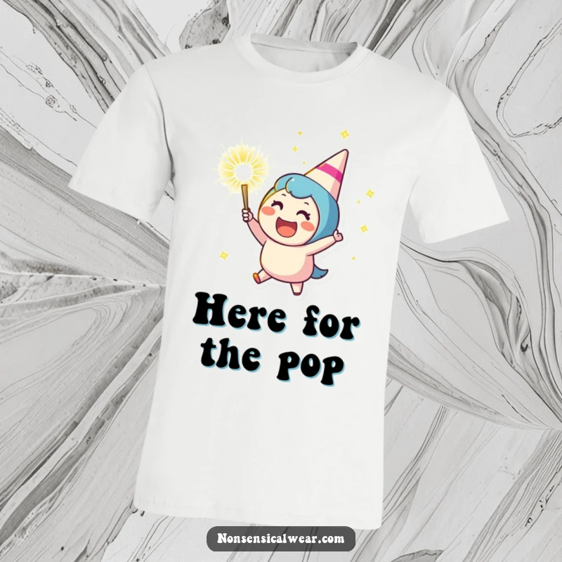 Funny t-shirt featuring a jubilant character celebrating by launching a sparkling party popper, depicted with excitement and a shower of confetti, a cool present.