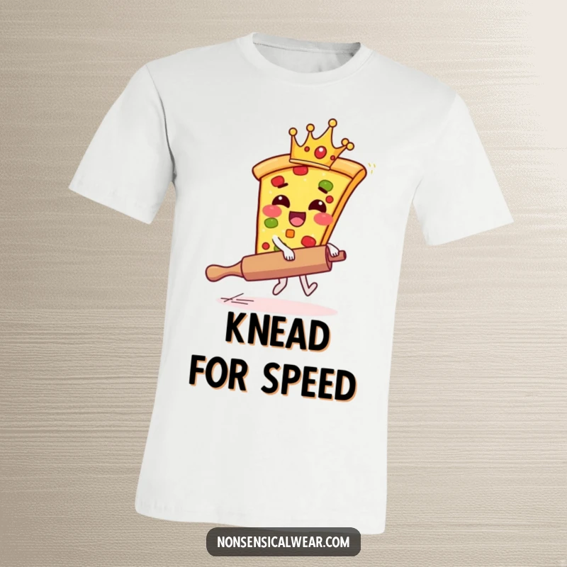 Funny t-shirt graphic of a giggling pizza slice with a crown, joyfully riding a runaway rolling pin.