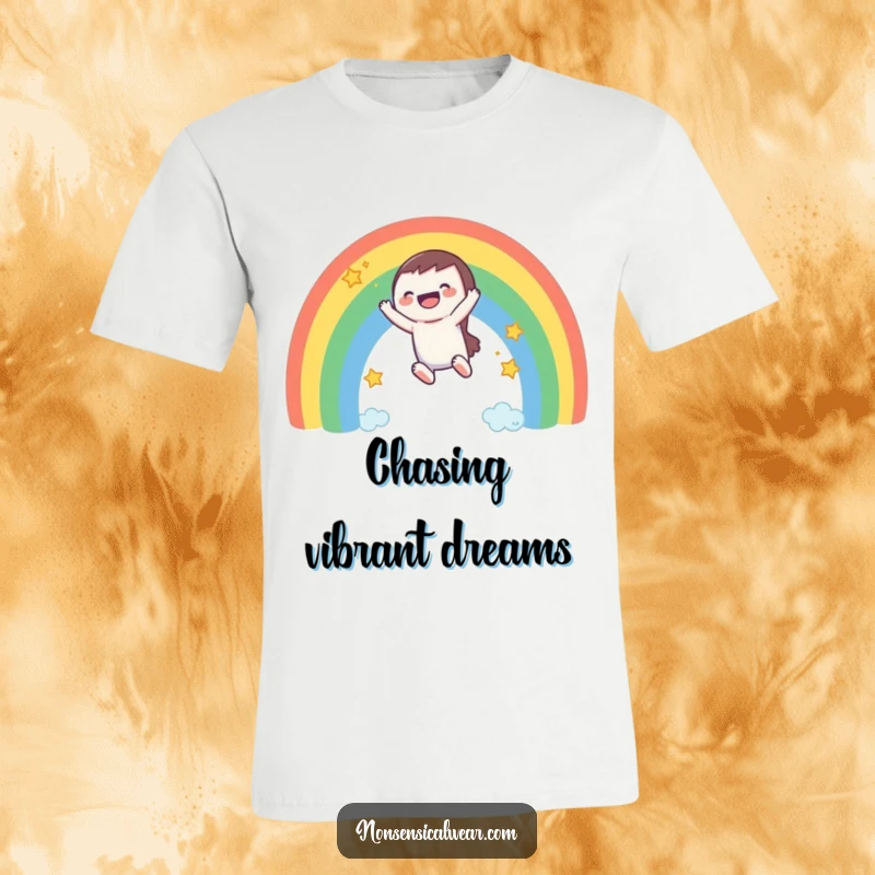 Funny T-Shirt: A laughing character joyfully slides down a colorful rainbow, surrounded by whimsical trailing stars.