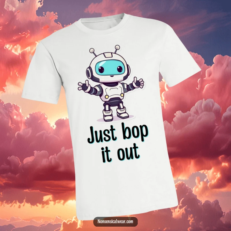 Funny robot t-shirt showcasing a playful character in a happy little bop, great for casual wear.