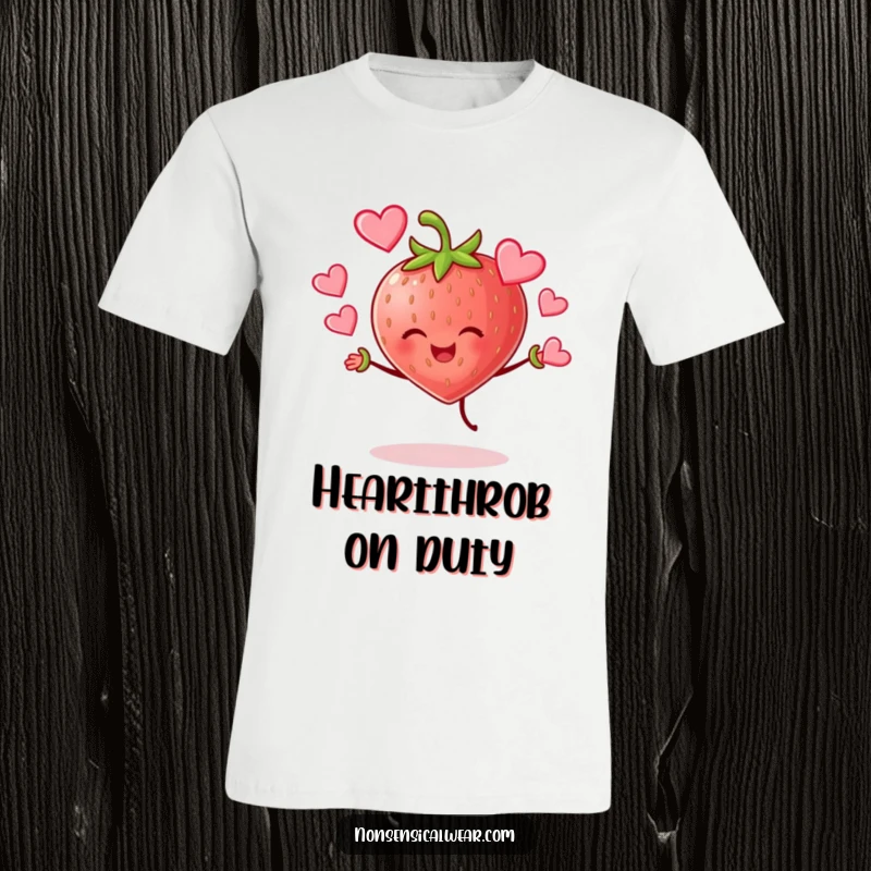Funny cheerful strawberry character joyfully juggling hearts on a comfortable tee, a lovely and funny graphic.