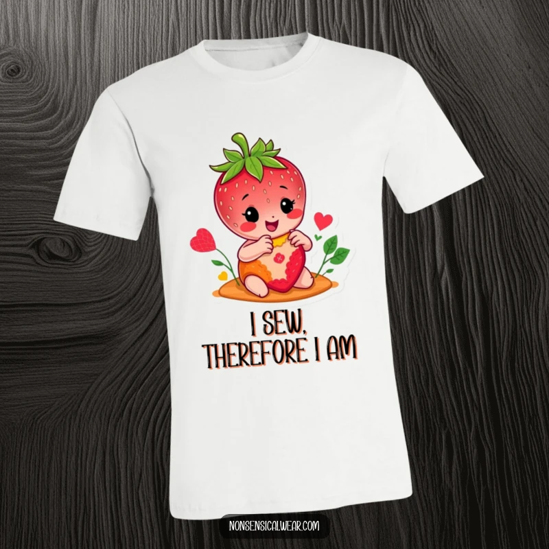 Funny t-shirt with a smiling strawberry character enthusiastically sewing a bright, colorful patch, celebrating the joy of crafting.