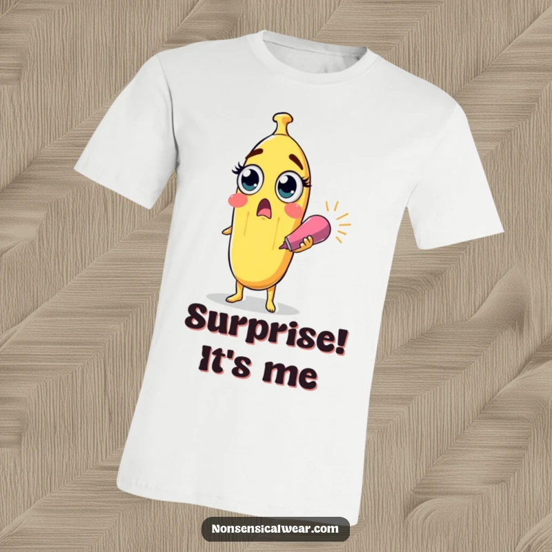 Funny surprised banana character with wide eyes holding a party popper on a t-shirt, a humorous and eye-catching design.