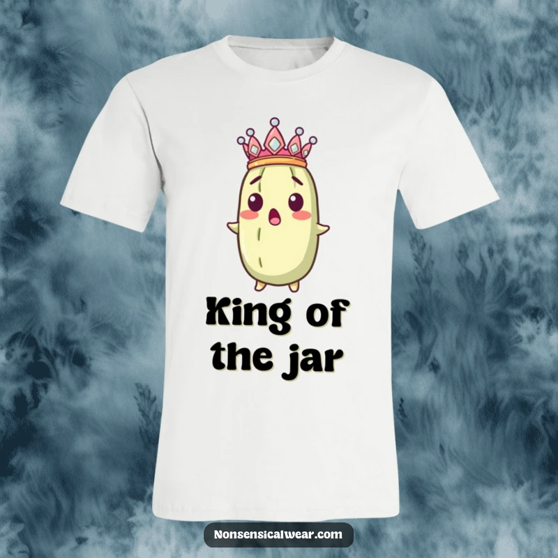 Funny surprised pickle wearing a slightly askew tiny crown. A humorous graphic tee for pickle lovers.
