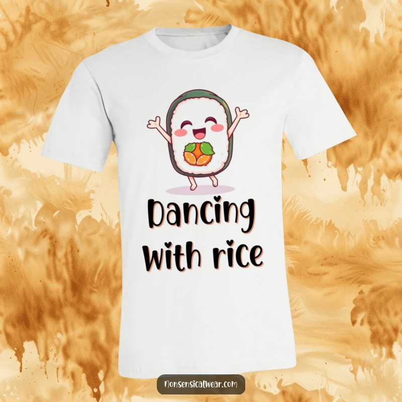 Funny t-shirt featuring a delighted sushi roll character performing a joyful dance, celebrating deliciousness with every move.