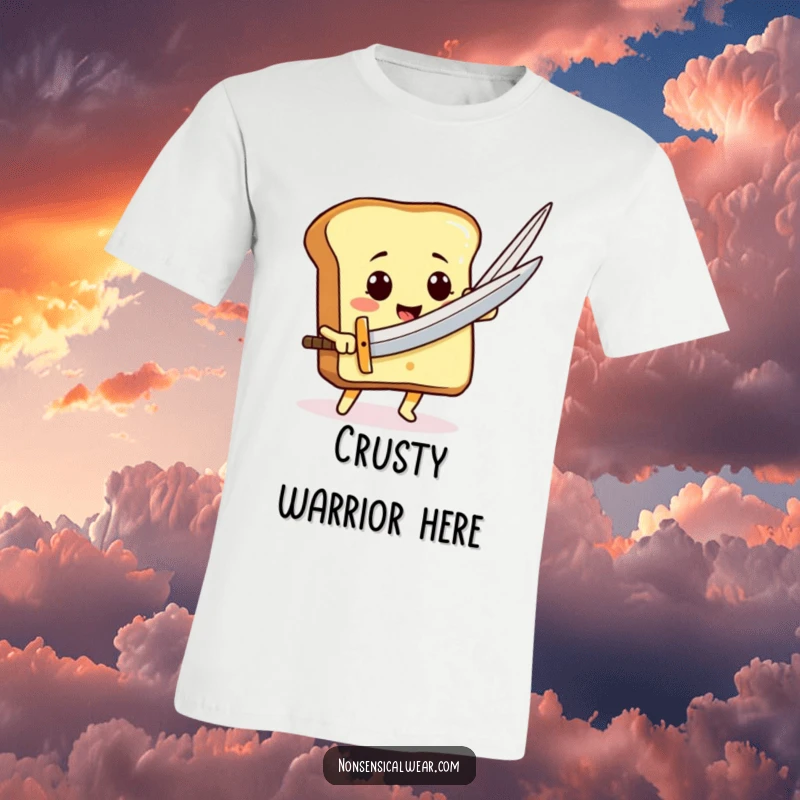 Funny smiling toast character wielding a large needle like a mighty sword, printed on a heroic t-shirt.