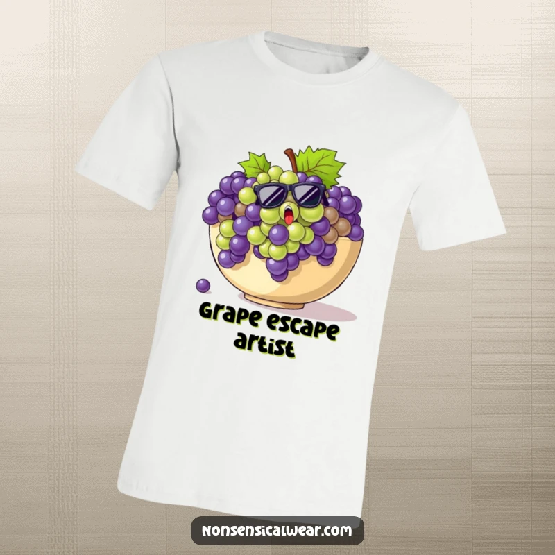 Funny t-shirt graphic of startled grapes wearing tiny sunglasses, making a daring escape from a giant fruit bowl.