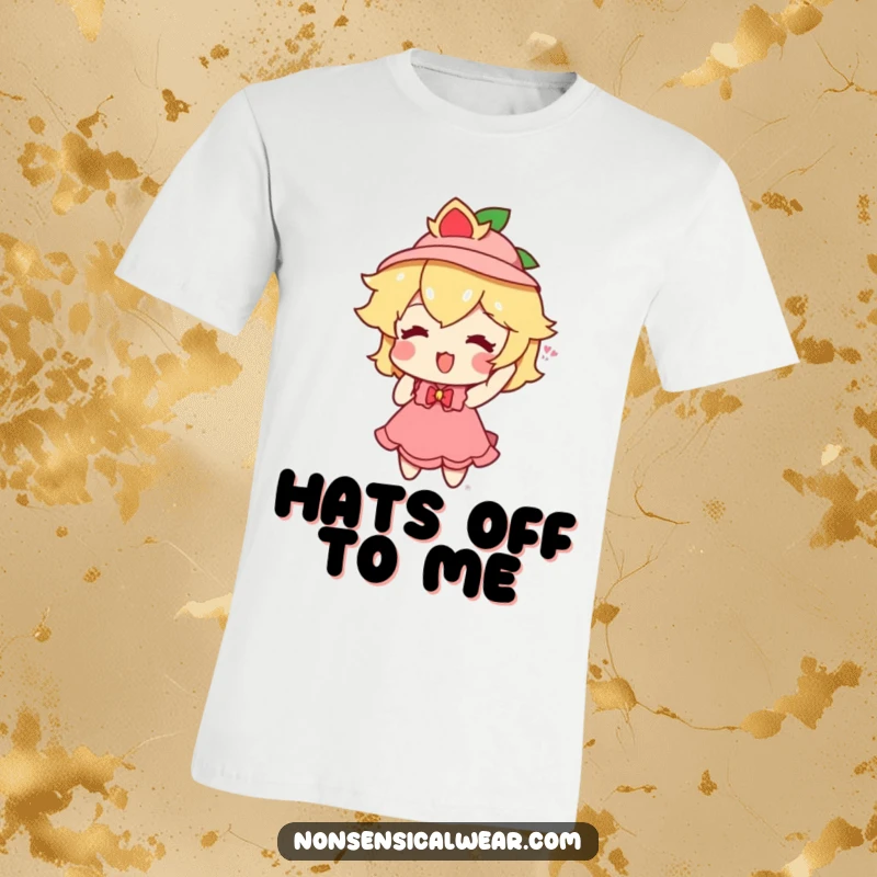Funny peach character adorably trying on a tiny hat, full of playful spirit, printed on a comfortable t-shirt.