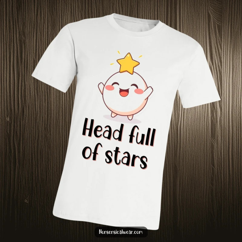 Funny T-Shirt: A cheerful, round character gleefully bouncing a radiant star off its head, full of positive energy.