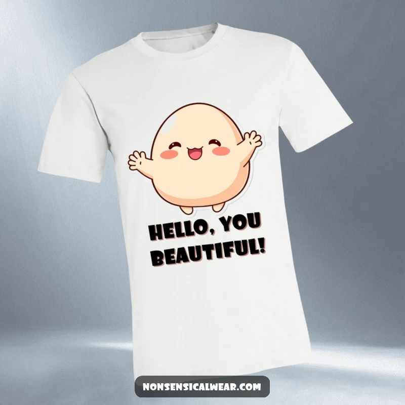 Funny T-Shirt: A cute blob character enthusiastically waving with tiny, stubby arms, welcoming and friendly.