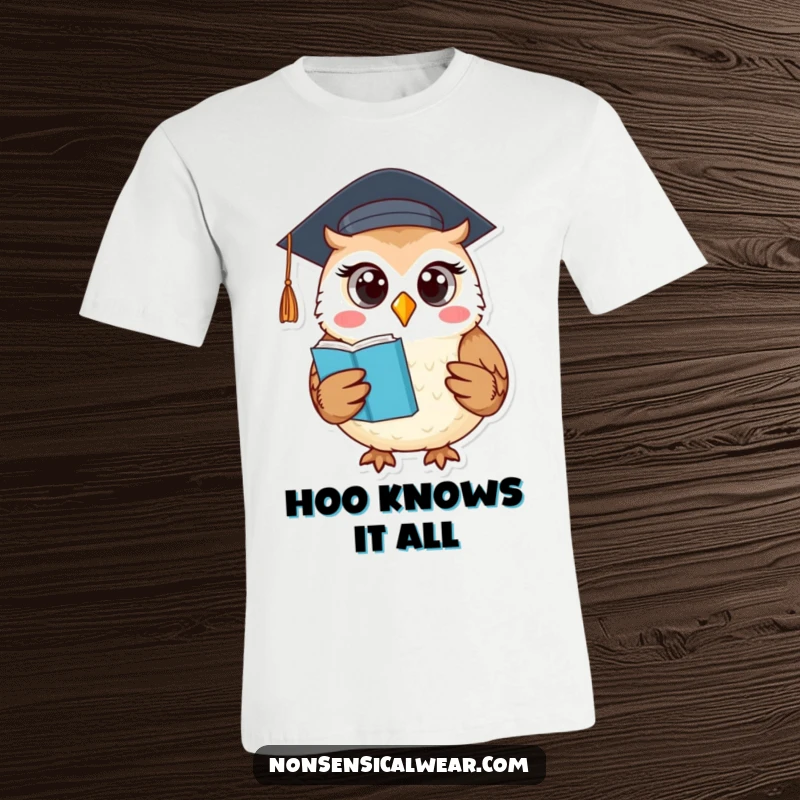 Funny t-shirt with a round owl in a graduation cap holding a book, celebrating smarts and humor.