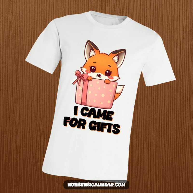 Funny kawaii fox peeking from behind a massive, colorful gift, a cute and hilarious design on this t-shirt, great for gifting.
