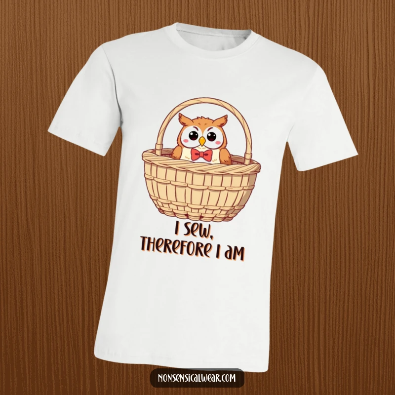Funny Owl T-Shirt: A jolly owl sporting a bow tie peeks from a sewing basket, ideal for sewing enthusiasts.