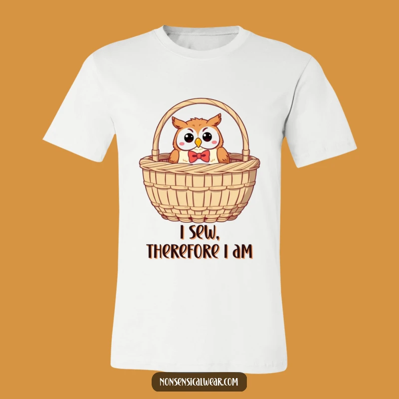 Funny Bow Tie Owl T-Shirt: Dapper Owl Peeking from a Sewing Basket Gift