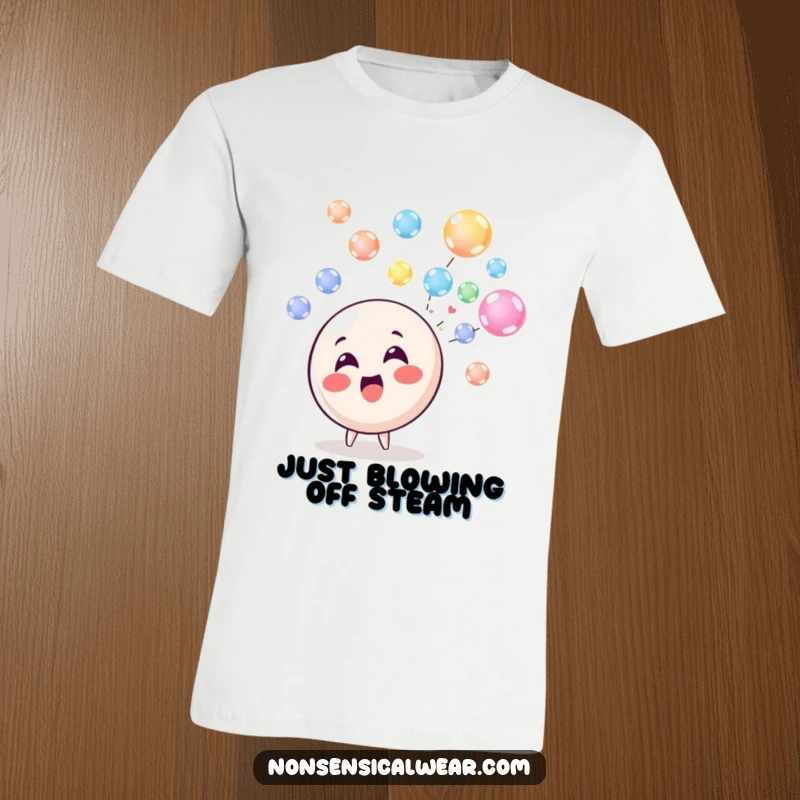 Funny T-Shirt: A delighted circle character joyfully blowing a stream of colorful, floating bubbles, perfect for casual fun.