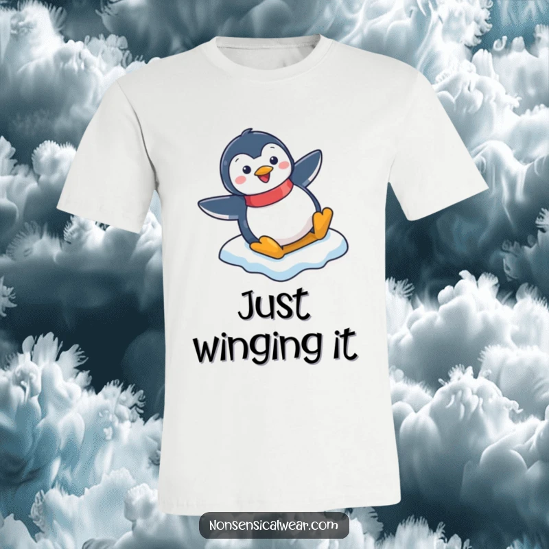Funny t-shirt showcasing a delighted penguin character expertly sliding down an icy slope, pure winter amusement.