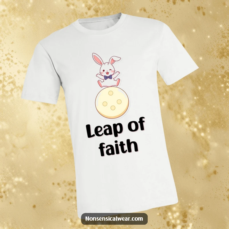 Funny t-shirt with a rabbit wearing a bow tie, captured mid-air leaping over a very large button.