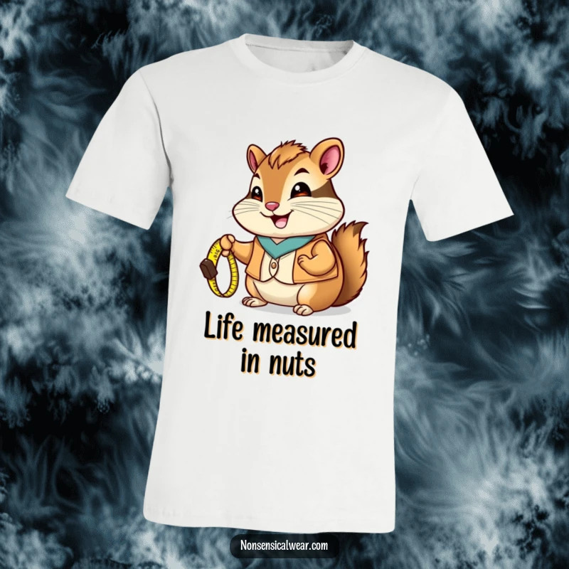 Funny Chipmunk T-Shirt: A happy chipmunk in a vest holds a tiny measuring tape, ready for any task.