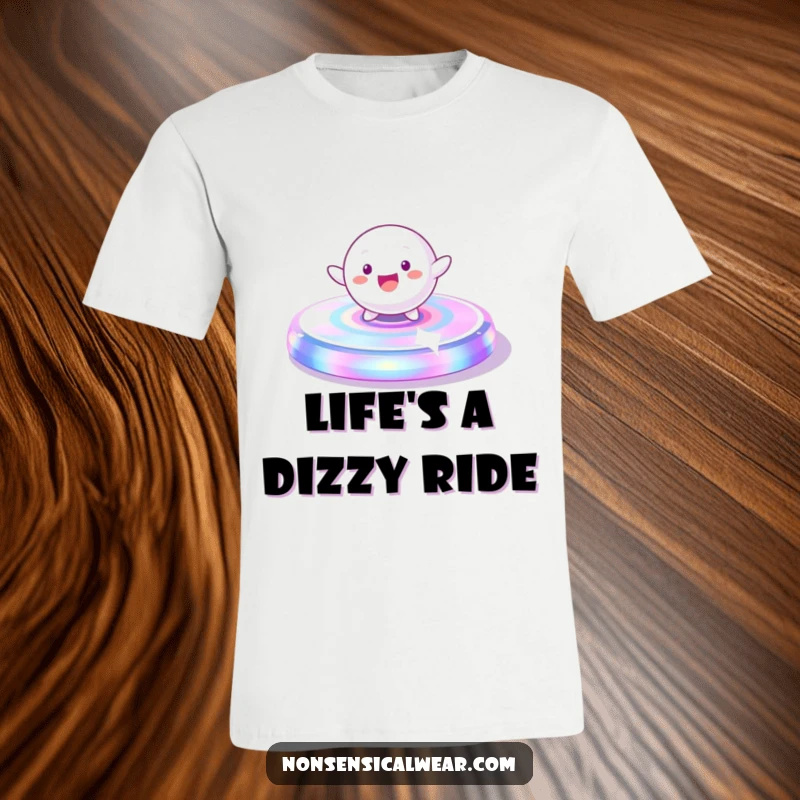 Funny T-Shirt: A playful, spherical character gleefully spinning on a vibrant, iridescent platform, radiating energy.