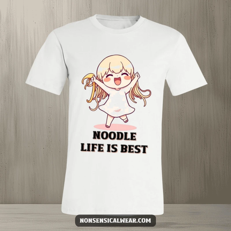 Funny t-shirt of a happy character dancing wildly with a huge, wiggly noodle, showcasing a love for pasta and pure silliness, a great gag gift.