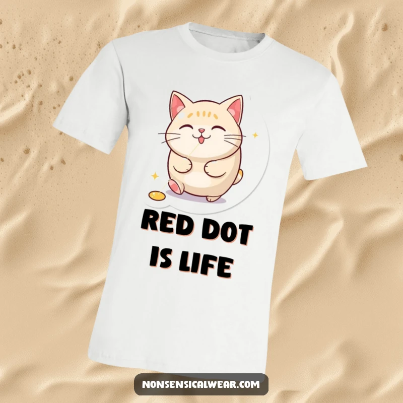 Funny cotton t-shirt illustrating a determined, round cat leaping after a tiny red laser dot, capturing pure chaotic energy.