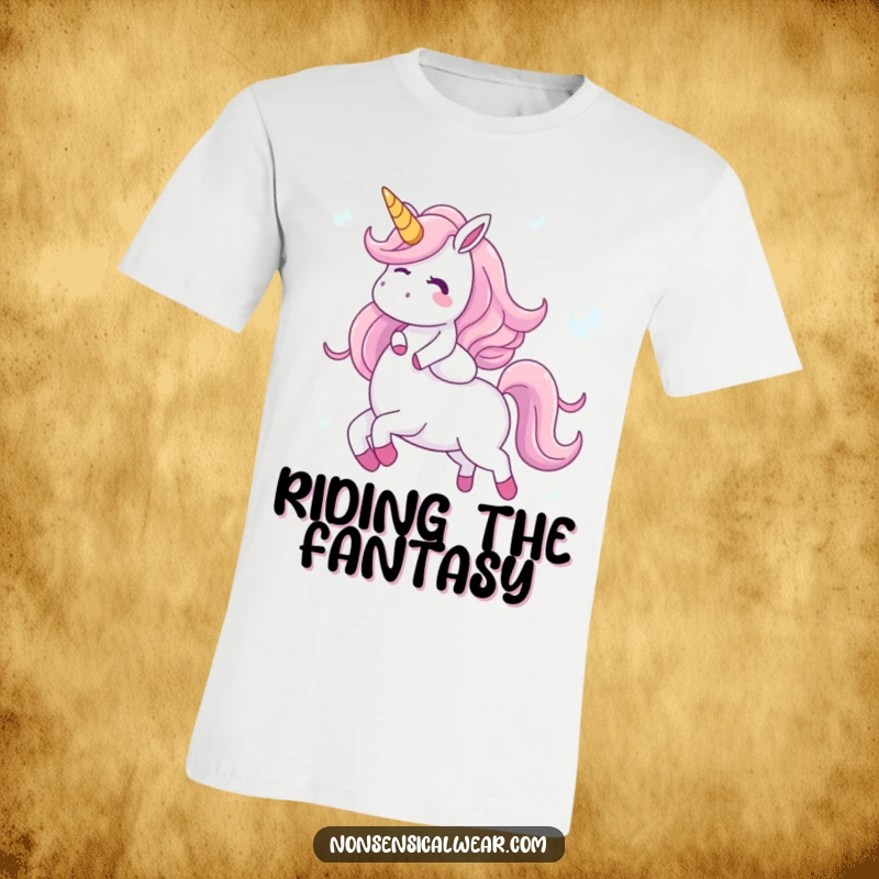 Funny t-shirt featuring a happy, giggling character riding a unicorn made of delicate, shimmering bubbles, capturing a moment of pure, ethereal joy.
