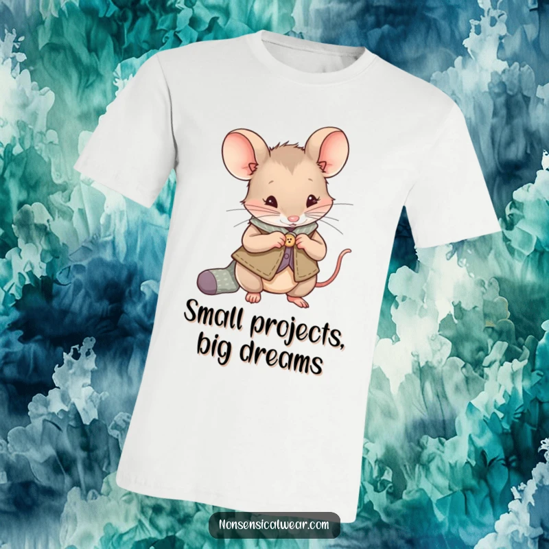 Funny Mouse T-Shirt: A curious mouse in a vest sews a button onto a small sock, a charming depiction of crafting.