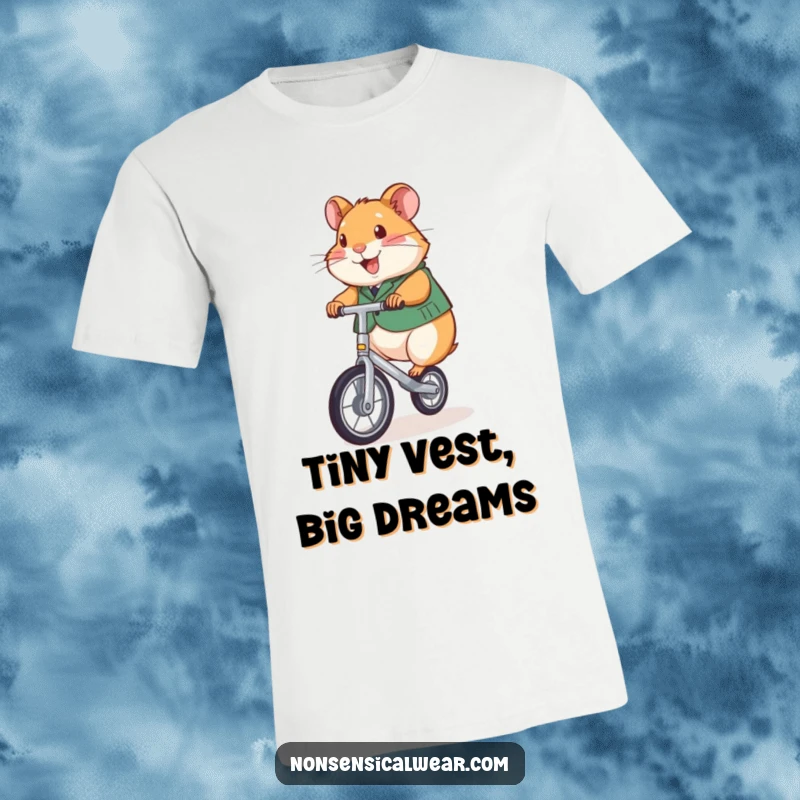 Funny t-shirt with a happy hamster in a vest riding a small unicycle, showcasing balance and cheer.