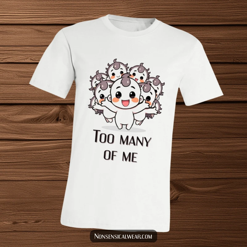 Funny t-shirt showing a cheerful character explosively multiplying into many identical, bouncy figures, full of playful motion.