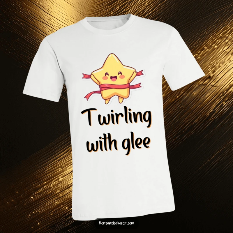Funny t-shirt graphic of a rounded star character joyfully jumping high with a colorful ribbon, full of energy and glee.