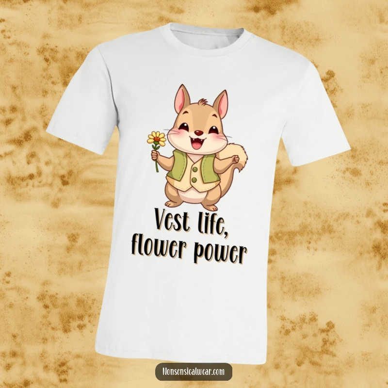 Funny squirrel in a vest offering a flower, making this t-shirt a humorous and endearing apparel choice.