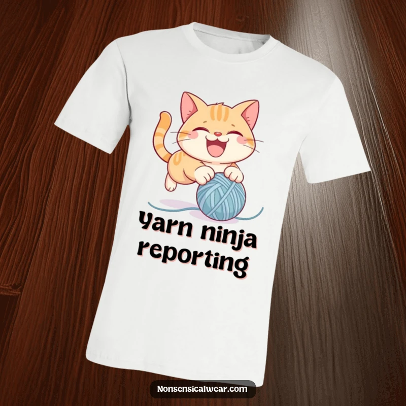Funny t-shirt depicting a mischievous cat character in mid-pounce on a bouncy ball of yarn, full of playful energy and humor.