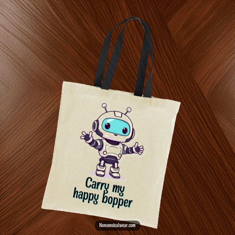 Funny robot tote bag with a playful character doing a happy little bop, ideal for shopping and daily use.