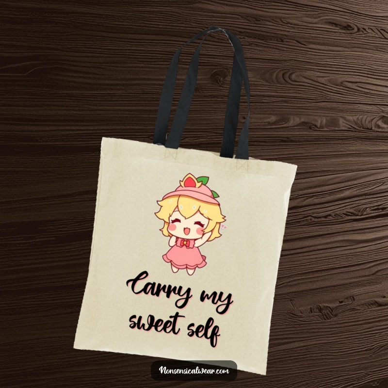 Funny peach character delightedly trying on a small hat on a durable tote bag, adding portable personality.