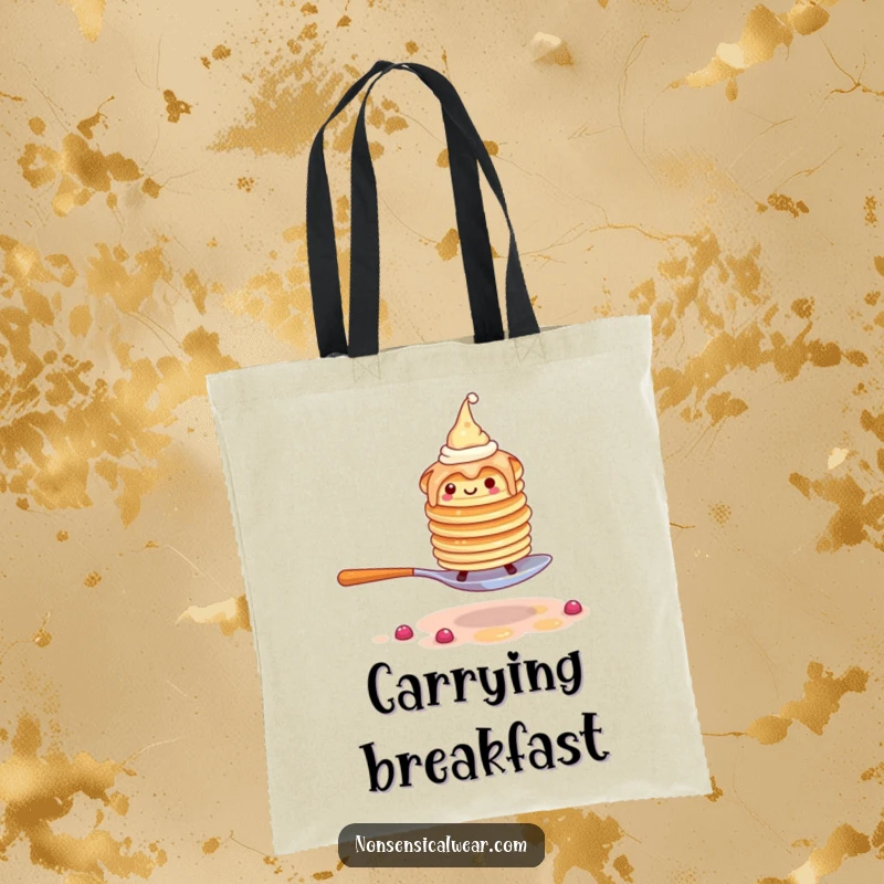 Funny pancake tote bag illustration of a wobbly stack wearing tiny hats, walking on a spoon.