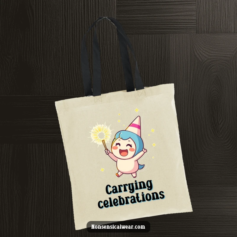 Funny tote bag showing a cheering character launching a sparkling party popper, perfect for carrying essentials with a festive and joyful flair, a great bag.
