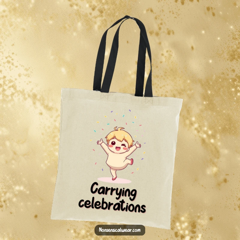 Funny tote bag: a cute kawaii character does a celebratory cartwheel while tossing confetti.