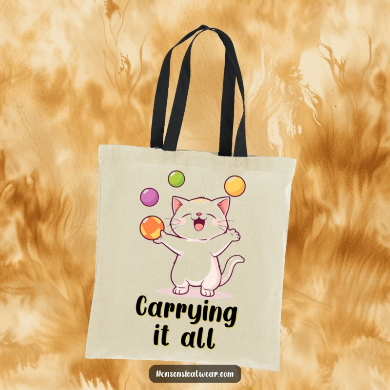 Funny Kawaii Cat Tote Bag: A skilled kawaii cat enthusiastically juggles three colorful balls, perfect for everyday use.