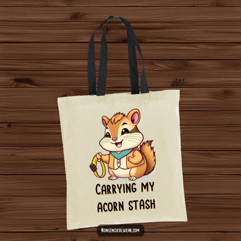 Funny Chipmunk Tote Bag: A chipmunk in a vest holds a tiny measuring tape, a charming and functional accessory.