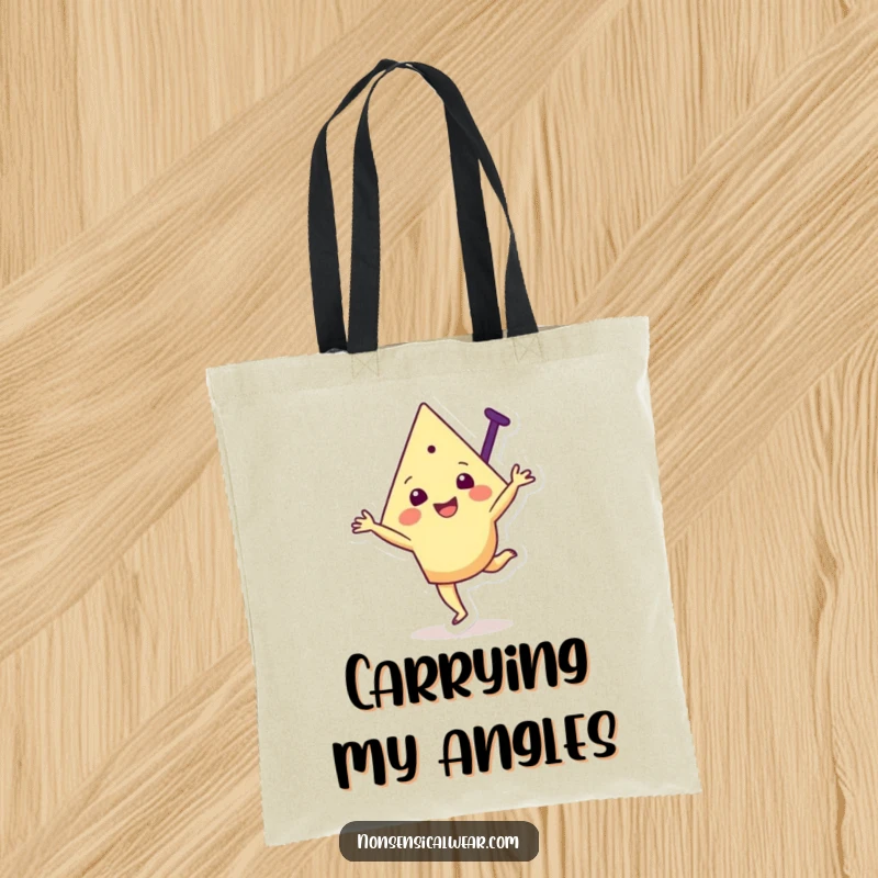 Funny tote bag featuring a joyful triangular character in the middle of a cartwheel, radiating positive and energetic vibes.