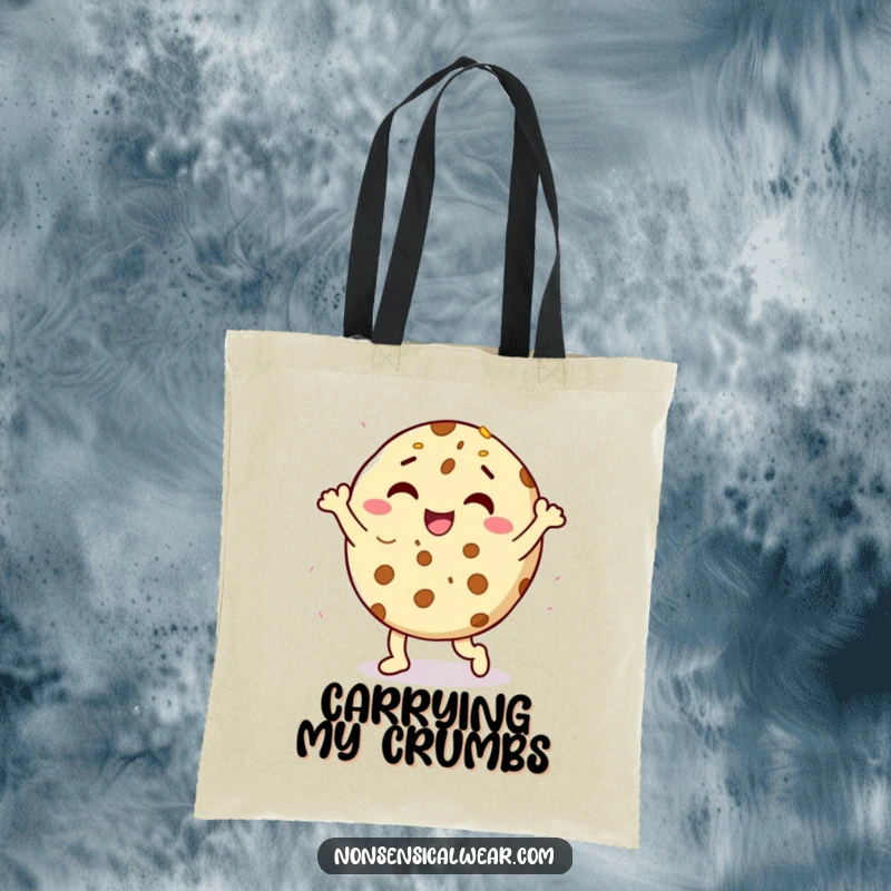 Funny delighted cookie character doing a happy dance with sprinkles on a durable tote bag, a hilarious and practical item.