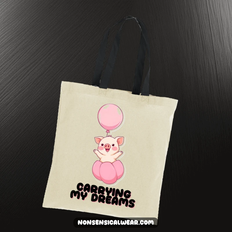 Funny kawaii piglet smiling while floating up on a balloon, a humorous and cheerful design on this tote bag, great for shopping.