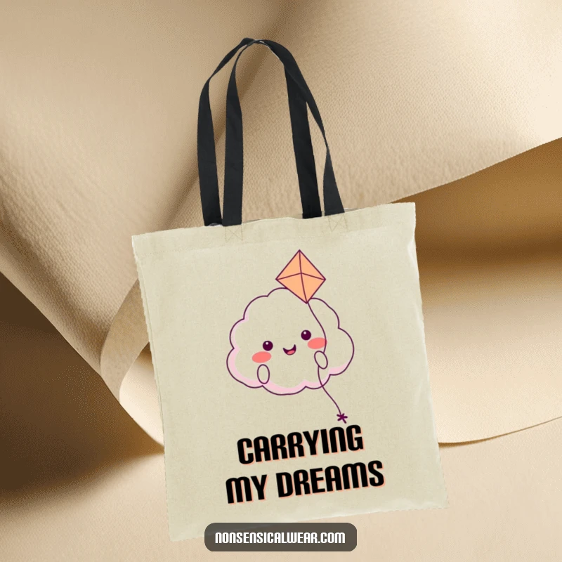 Funny tote bag with a smiling cloud character happily floating along while holding the string of a kite, ideal for carrying essentials.