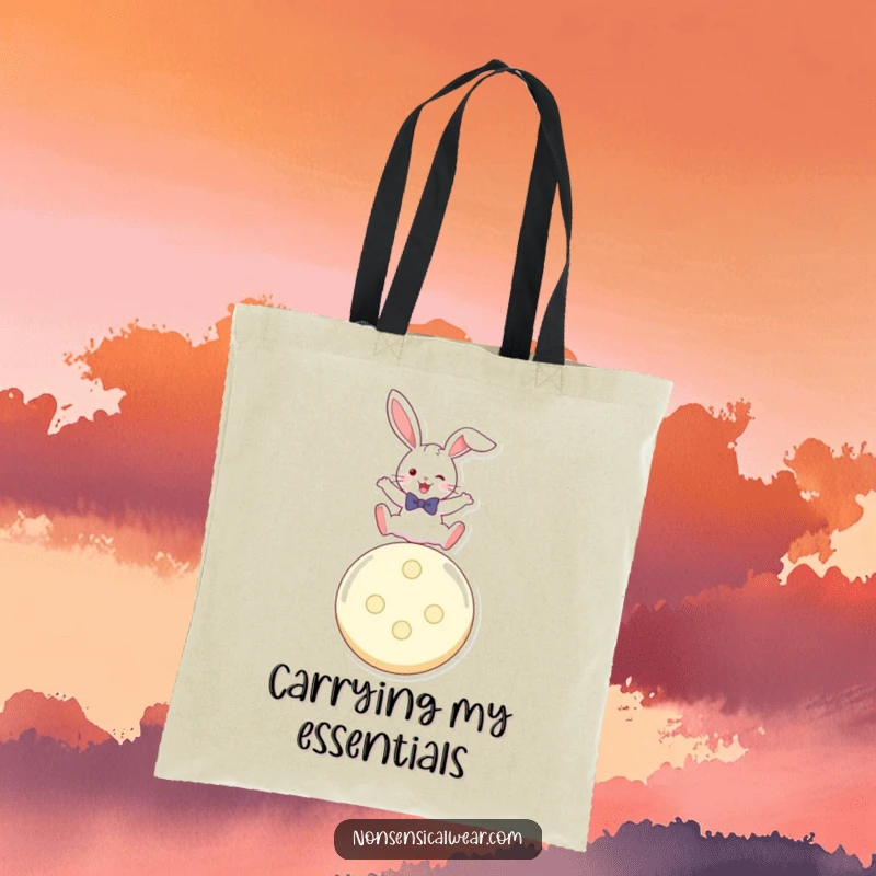 Funny tote bag illustration of a rabbit in a bow tie joyfully leaping over a huge button.