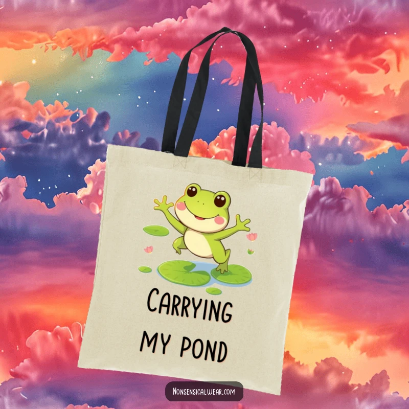Funny tote bag featuring a smiling frog character mid-leap over lily pads, ideal for all your carrying needs.